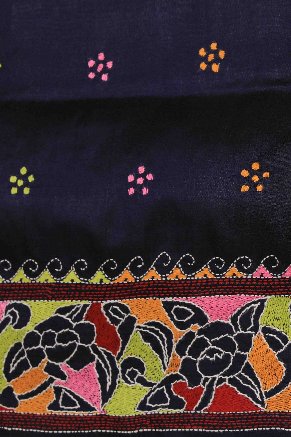 Image of Kantha Stitch Embroidered Navy Blue Saree